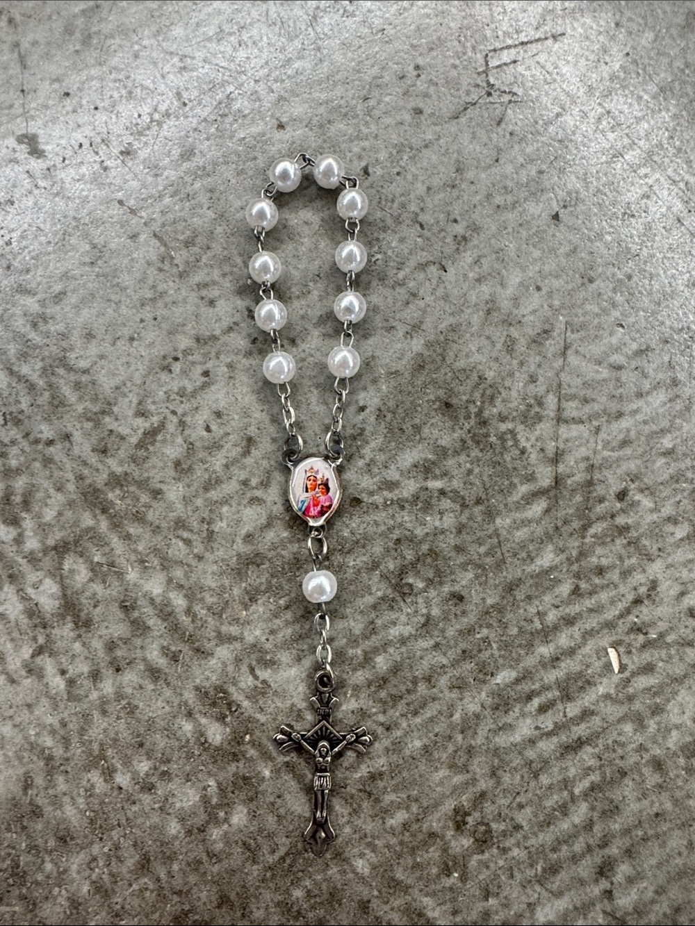 Silver-Tone White Rosary Necklace with Saint Medallion miniature